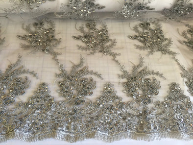 Gray marvy flower design embroider with glass beads and sequins on a mesh lace- yd