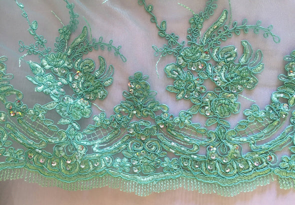 Mint marvy flower design embroider with glass beads and sequins on a mesh lace-prom-nightgown-decorations-sold by the yard.