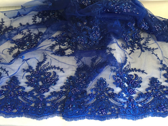 Royal blue marvy flower design embroider with glass beads and sequins on a mesh lace-prom-nightgown-decorations-sold by the yard.