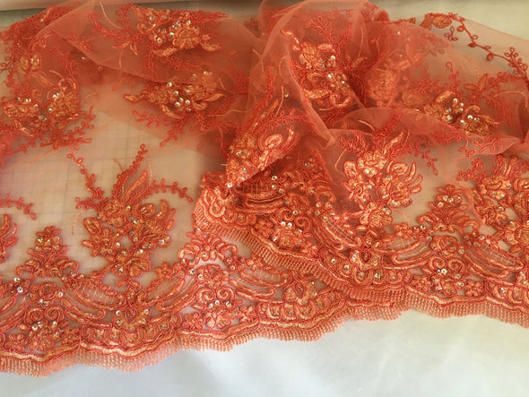 Dark coral marvy flower design embroider with glass beads and sequins on a mesh lace-prom-nightgown-decorations-sold by the yard.