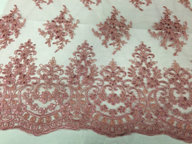Dusty rose royal flowers embroider with sequins and corded on a mesh lace -yard