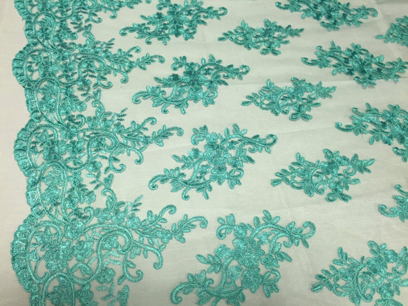Aqua classy pisley flowers embroider on a mesh lace-yard