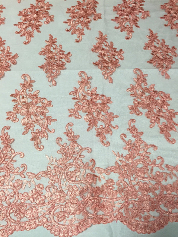 Coral classy paisley flowers embroider on a mesh lace -yard