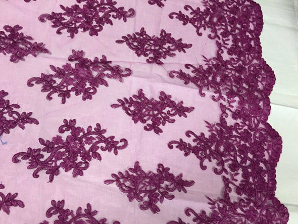 Fuchsia classy paisley flowers embroider on a mesh lace -yard