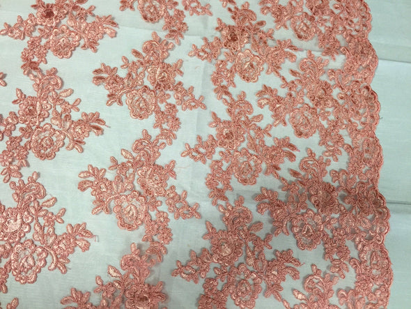 Coral Modern Roses Embroider and Corded On a Mesh Lace -Sold by the yard