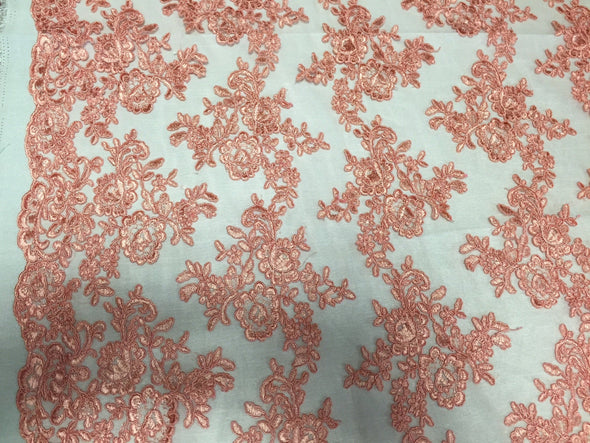 Coral Modern Roses Embroider and Corded On a Mesh Lace -Sold by the yard