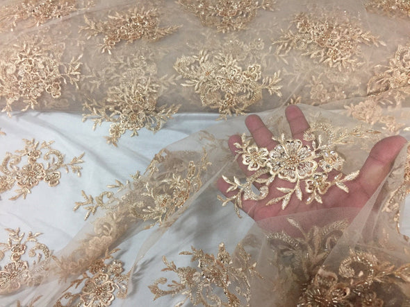 Champagne metallic flower design embroider and beaded on a mesh lace -yard