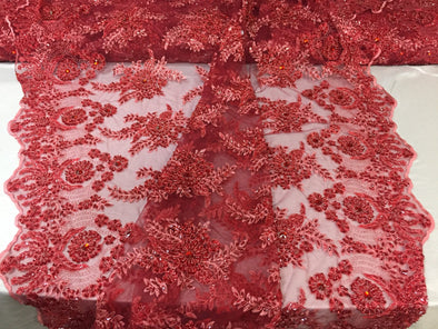 Red/coral imperial flower design embroider and beaded on a mesh lace-yd