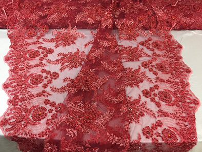 Red/coral imperial flower design embroider and beaded on a mesh lace-Sold by the yard