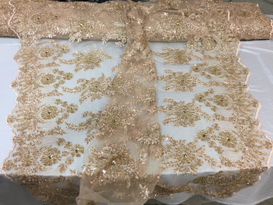 Champagne imperial flower design embroider and beaded on a mesh lace -yd