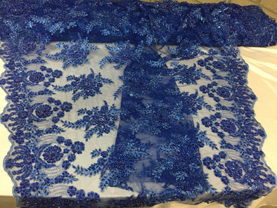 Royal Blue Imperial flower design embroider and beaded on a mesh lace-Sold by the yard