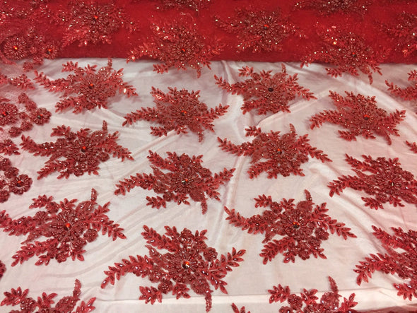 Red imperial flower design embroider and beaded on a mesh lace -Sold by the yard