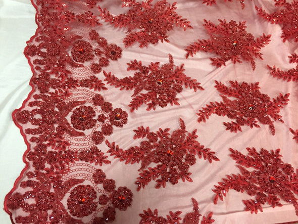 Red imperial flower design embroider and beaded on a mesh lace -Sold by the yard