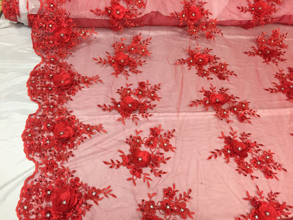 Lavish red 3D flower design embroider and beaded on a mesh lace -yard