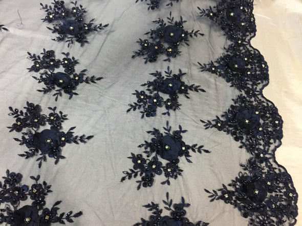 Lavish navy blue 3D flower design embroider and beaded on a mesh lace -yd