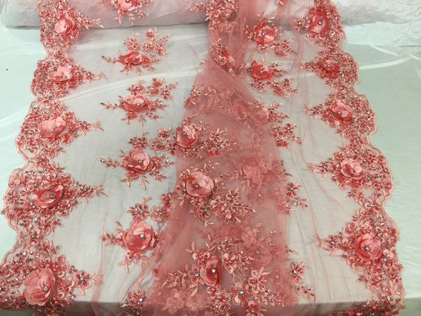 Lavish coral 3d flower design embroider and beaded on a mesh lace -yd