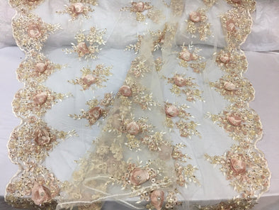 Lavish champagne 3D flower embroider and beaded on a mesh lace -Sold by yard