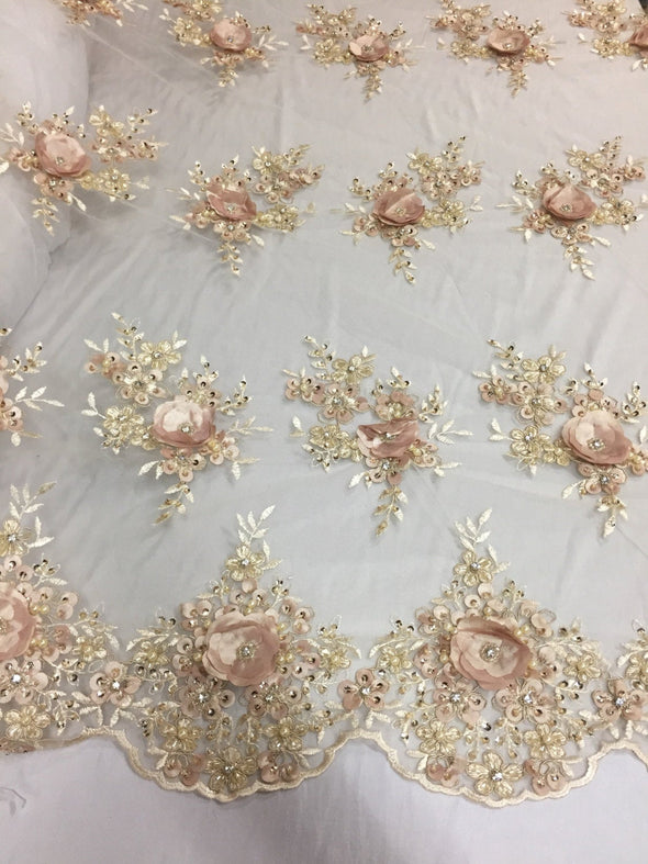 Lavish champagne 3D flower embroider and beaded on a mesh lace -yd