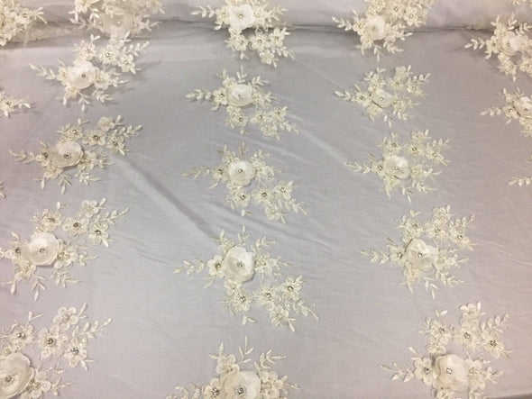 Lavish ivory 3D flowers embroider and beaded on a mesh lace -yd
