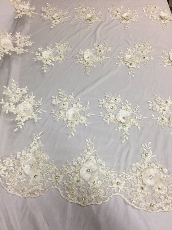 Lavish ivory 3D flowers embroider and beaded on a mesh lace -yd