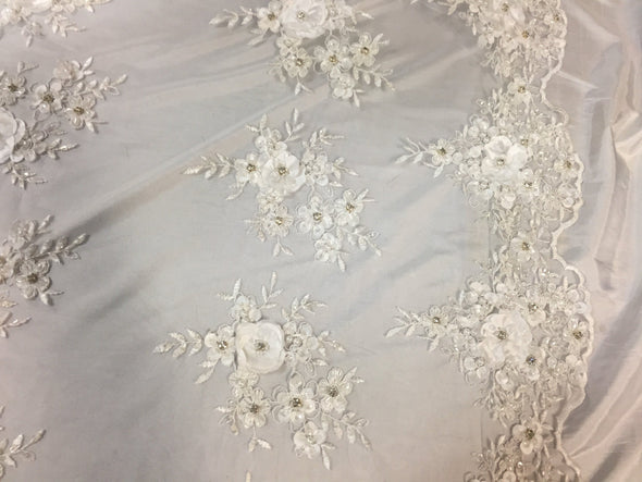 Lavish White 3D flower design embroider and beaded on a mesh lace -Sold by the yard