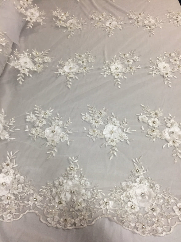 Lavish White 3D flower design embroider and beaded on a mesh lace -Sold by the yard