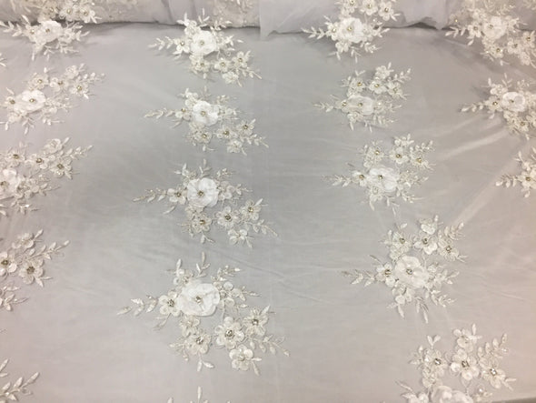 Lavish White 3D flower design embroider and beaded on a mesh lace -Sold by the yard