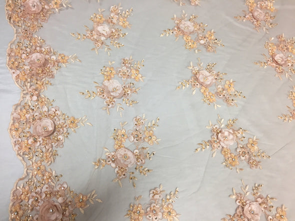 Lavish peach 3D flower design embroider and beaded on a mesh lace -yd