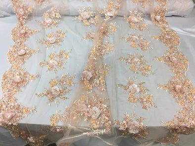 Lavish peach 3D flower design embroider and beaded on a mesh lace -Sold by the yard