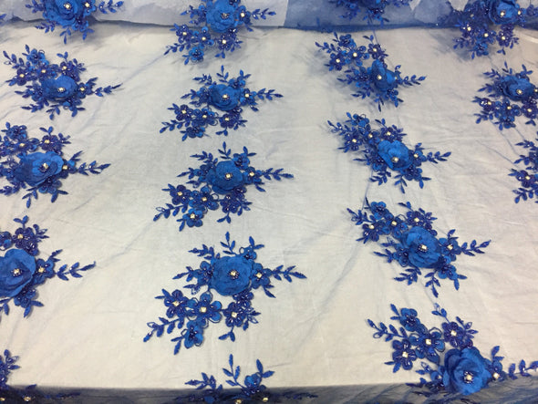 Lavish royal blue 3D flowers embroider and beaded on a mesh lace -yd