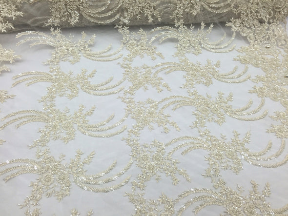 Dark ivory / cream divine flower design embroider and hevay beading on a mesh lace-wedding-bridal-prom-nightgown-sold by the yard.