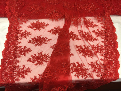 Red marvelous flower design embroider and beaded on a mesh Lace-prom-decorations-nightgown-Sold by the yard.