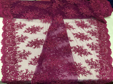 Magenta marvelous flower design embroider and beaded on a mesh lace-prom-nightgown-decorations-Sold by the yard.