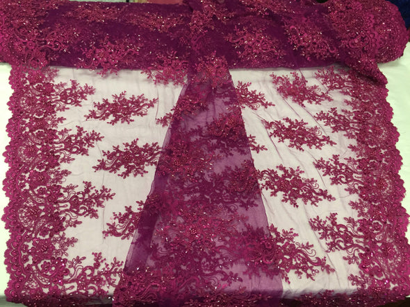 Magenta marvelous flower design embroider and beaded on a mesh lace-prom-nightgown-decorations-sold by the yard.