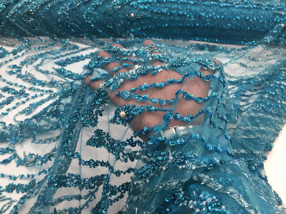 Teal blue princess design embroider and beaded on a mesh lace-prom-decorations-nightgown-Sold by the yard.