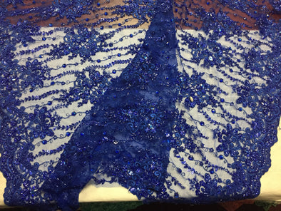 Royal blue magnificent design embroider and heavy beaded on a mesh lace -yard