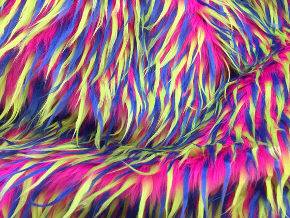 3 tone spikes faux fur- fuchsia/neon yellow/royal blue-Shaggy faux fur-fashion-decorations-apparel-throw blankets-sold by the yard.