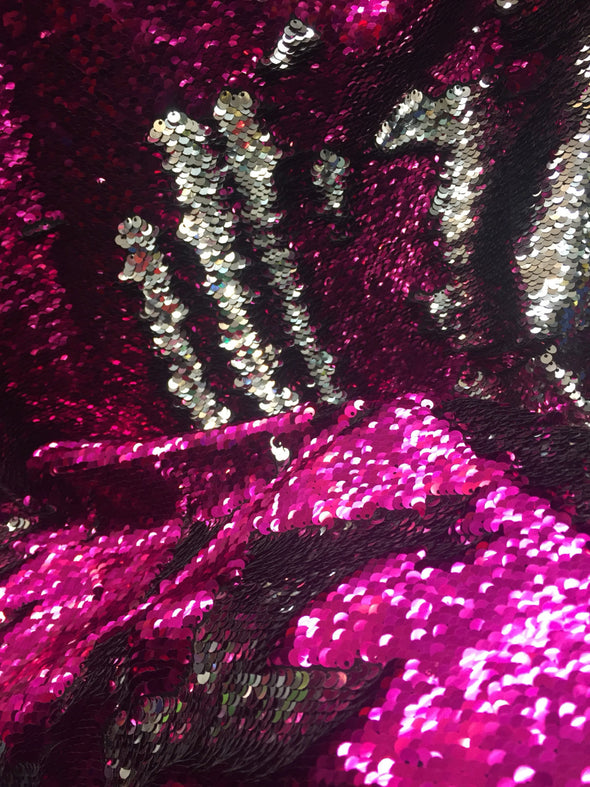 Shinny fuchsia mermaid fish scales 2 way stretch flip flop sequins-prom-nightgown-dresses-decorations-sold by the yard.
