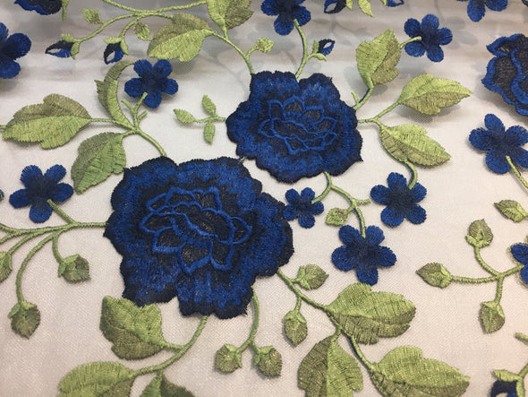 Dark blue flower garden design  embroider on a mesh lace-wedding-bridal-prom-nightgown-decorations-sold by the yard.