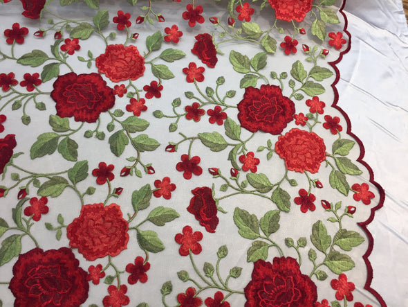 Red flower garden design embroider on a nude mesh lace-prom-dresses-nightgown-decorations-sold by the yard.