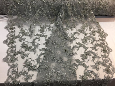 Amazing gray pearl design embroider and heavy beaded on a mesh lace-prom-nightgown-decorations-sold by the yard.