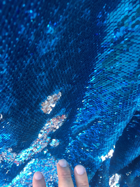 Turquoise/silver  shinny mermaid fish scale 2 way stretch flip flop fabric-prom-nightgown-decorations-dresses-sold by the yard .
