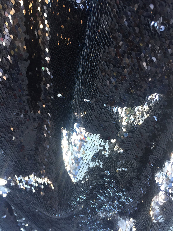 Black/ silver shinny mermaid fish scale 2way stretch flip flop fabric-prom-nightgown-dresses-decorations-sold by the yard.