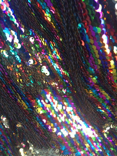 Rainbow/ gold Shinny mermaid fish scale 2 way stretch flip flop fabric-prom-nightgown-decorations-sold by the yard.