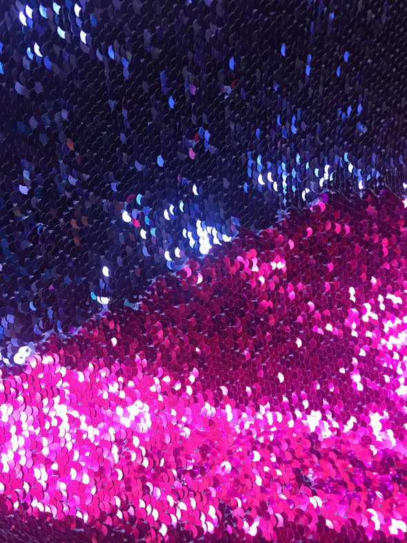 Navy blue / Fuchsia shinny mermaid fish scale 2 way stretch flip flop fabric-dresses-prom-nightgown-decorations-sold by the yard.