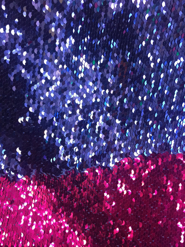 Navy blue / Fuchsia shinny mermaid fish scale 2 way stretch flip flop fabric-dresses-prom-nightgown-decorations-sold by the yard.