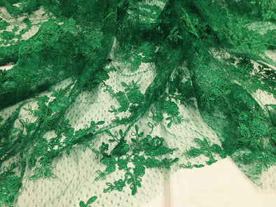 Sensational green flowers Embroider On A Polkadot Mesh Lace-prom-nightgown-decorations-dresses-sold by the yard.