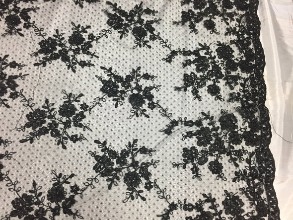 Sensational black flowers Embroider And Corded On a Polkadot Mesh Lace-prom-nightgown-decorations-dresses-sold by the yard.