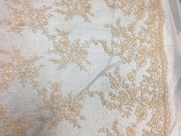 Sensational cream flowers Embroider And Corded on a Polkadot Mesh Lace-prom-nightgown-decorations-dresses-sold by the yard.