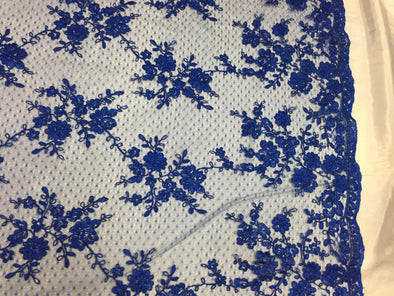 Sensational royal Blue Flowers Embroider And Corded On a Polkadot Mesh Lace -yard